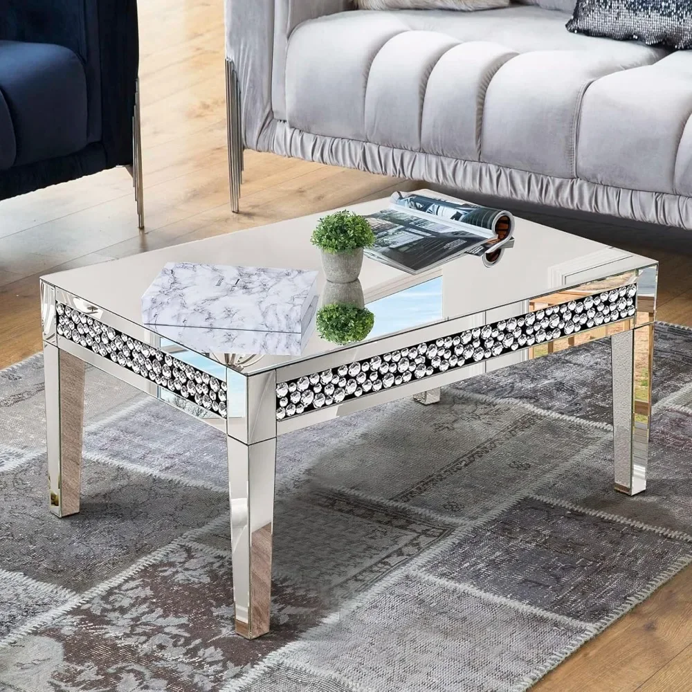 

Mirrored Coffee Table, Living Room Table with Diamond Inlay, Modern Luxury Mirrored Furniture Tea Table for Living Roome