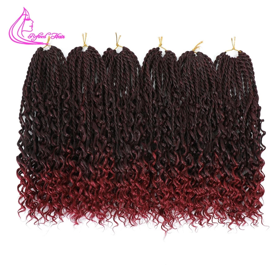 Synthetic Senegalese Twist Braids Ombre Burgundy Crochet Goddess Curly Ends Twisted Braids Pre-looped Braiding Hair Extensions