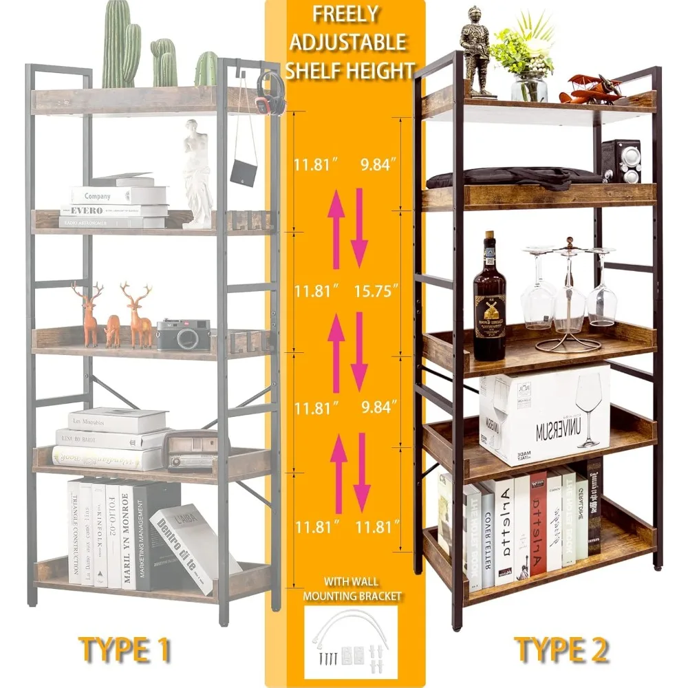 Adjustable 5-Tier Open Bookcase, Rustic Farmhouse Industrial Wood & Black Metal Shelves for Home Office Living Room Bedroom