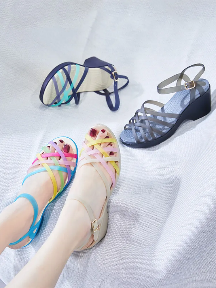 Lady Fashion Jelly Sandals Plastic Slippers 2026 Summer New High-end Beach High Heel Sandals Crystal Shoes for Women