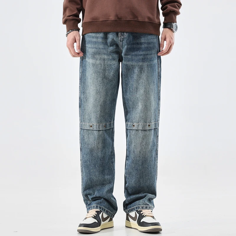 

Streetwear Autumn Jeans Men's Fashion Vintage Distressed Baggy Straight Trousers Casual Personality Rivet Male Denim Pants