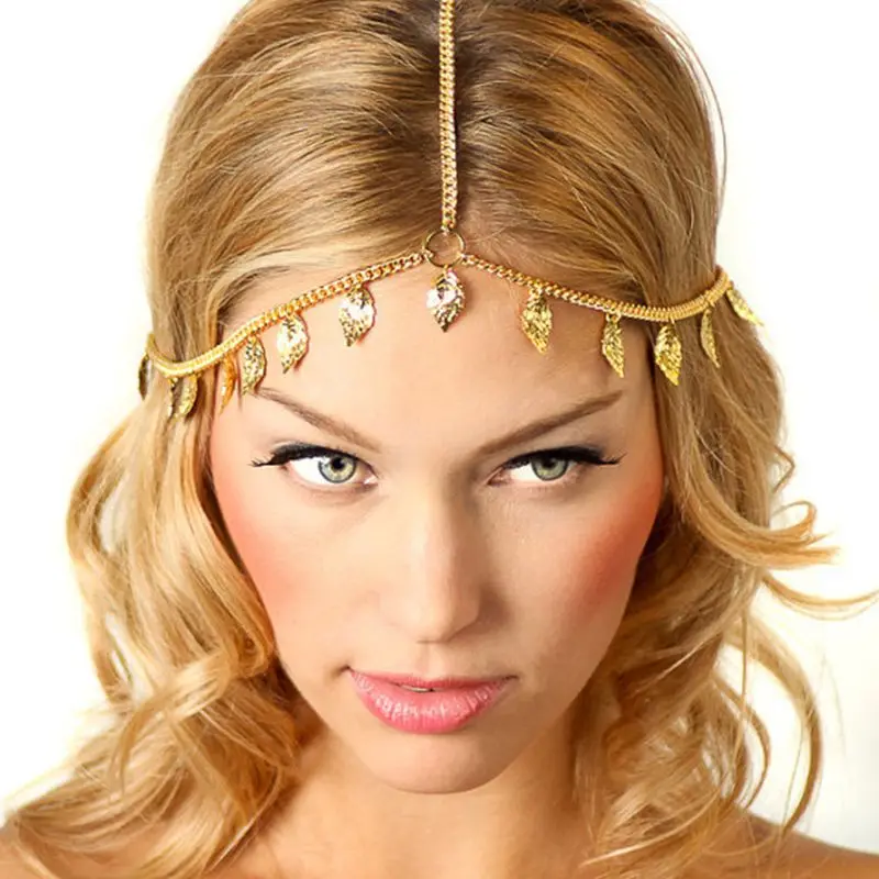 Womens Girls Vintage Metal Alloy for Head Chain Bohemia Headband Gold Leaves Tas