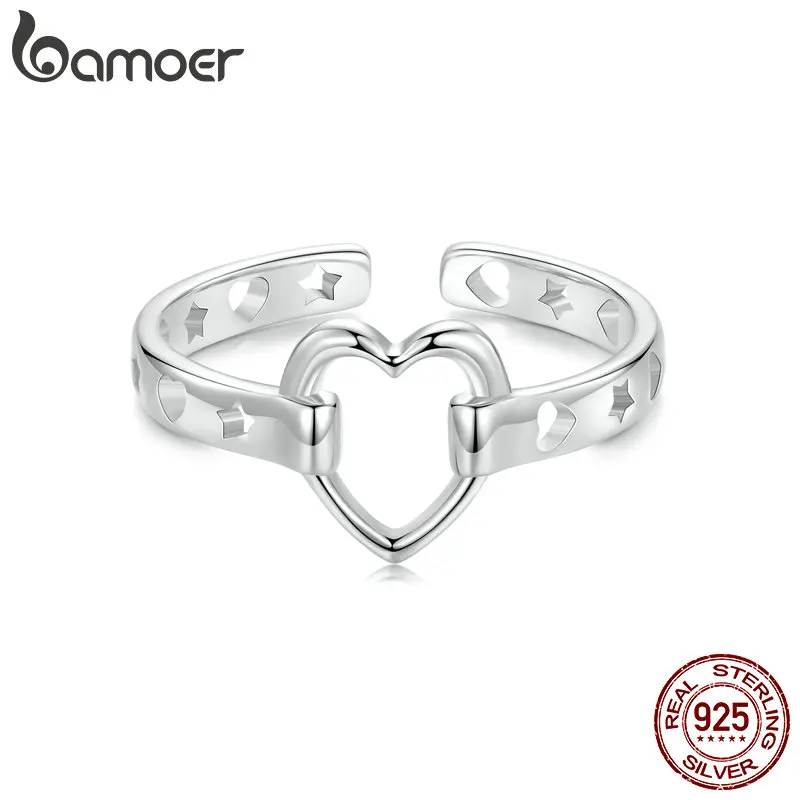 BAMOER 925 Sterling Silver Simple Love Heart Finger Ring for Teen Girls with White Gold Plated SCR1062-E