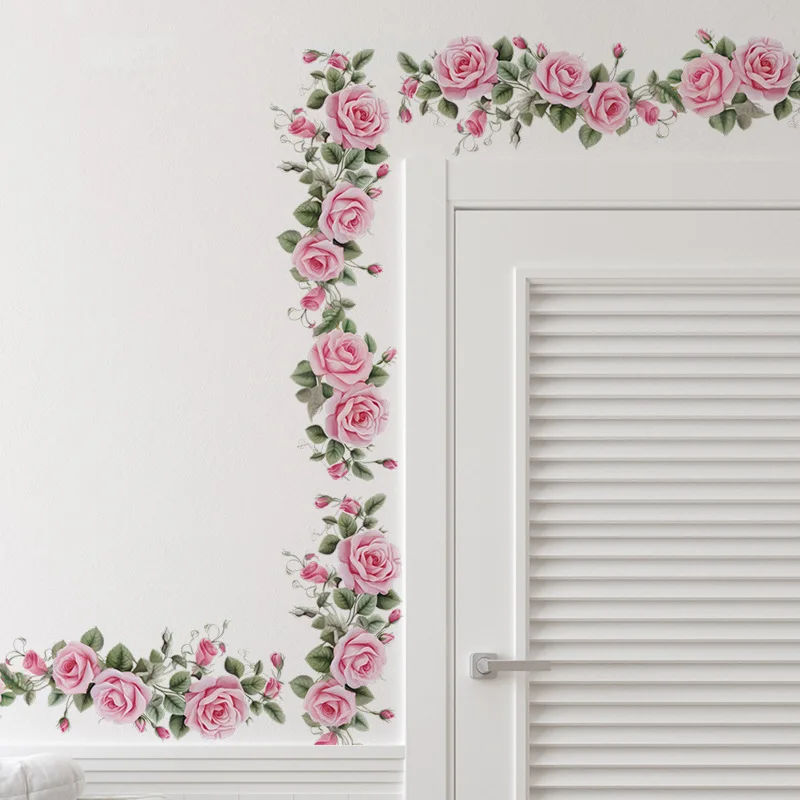 Pink Rose Vine Wall Stickers, Removable Floral Border Decals, Peel and Stick Decor for Bedroom Living Room Home Decor