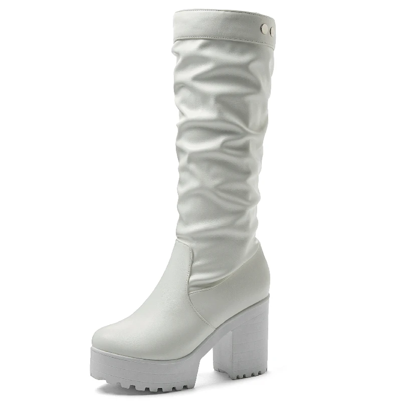 

Fashion Pleated High Boot Woman Punk Thick Heel Knee High Boots Platform Autumn Winter White Black Ladies Long Shoes Designer
