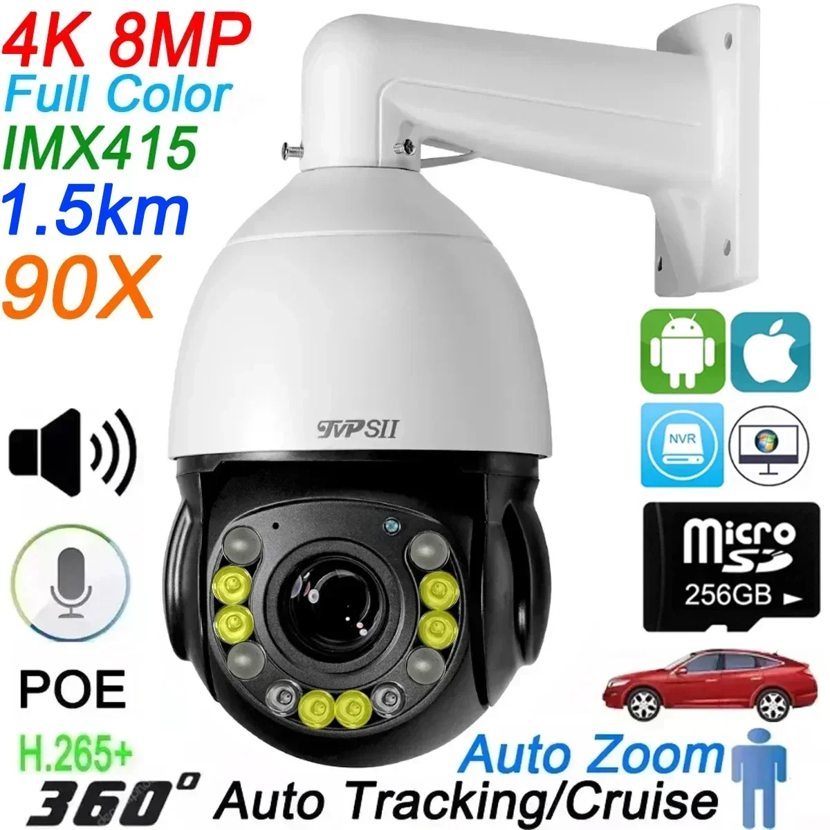 camera de rastreamento automatico infravermelho max512gb 8mp 4k h265 mais zoom optico 90x audio 360 onvif ptz poe camera de vigilancia de velocidade ip colorida 01