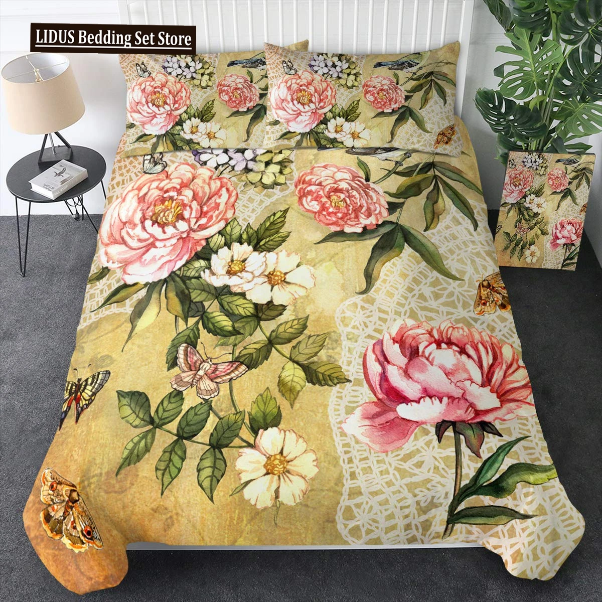 

Shabby Chic Floral Duvet Cover Set Vintage Rose Butterfly Pattern Watercolor Flowers Bedding Set 2/3pcs,Botanical Comforter Sets