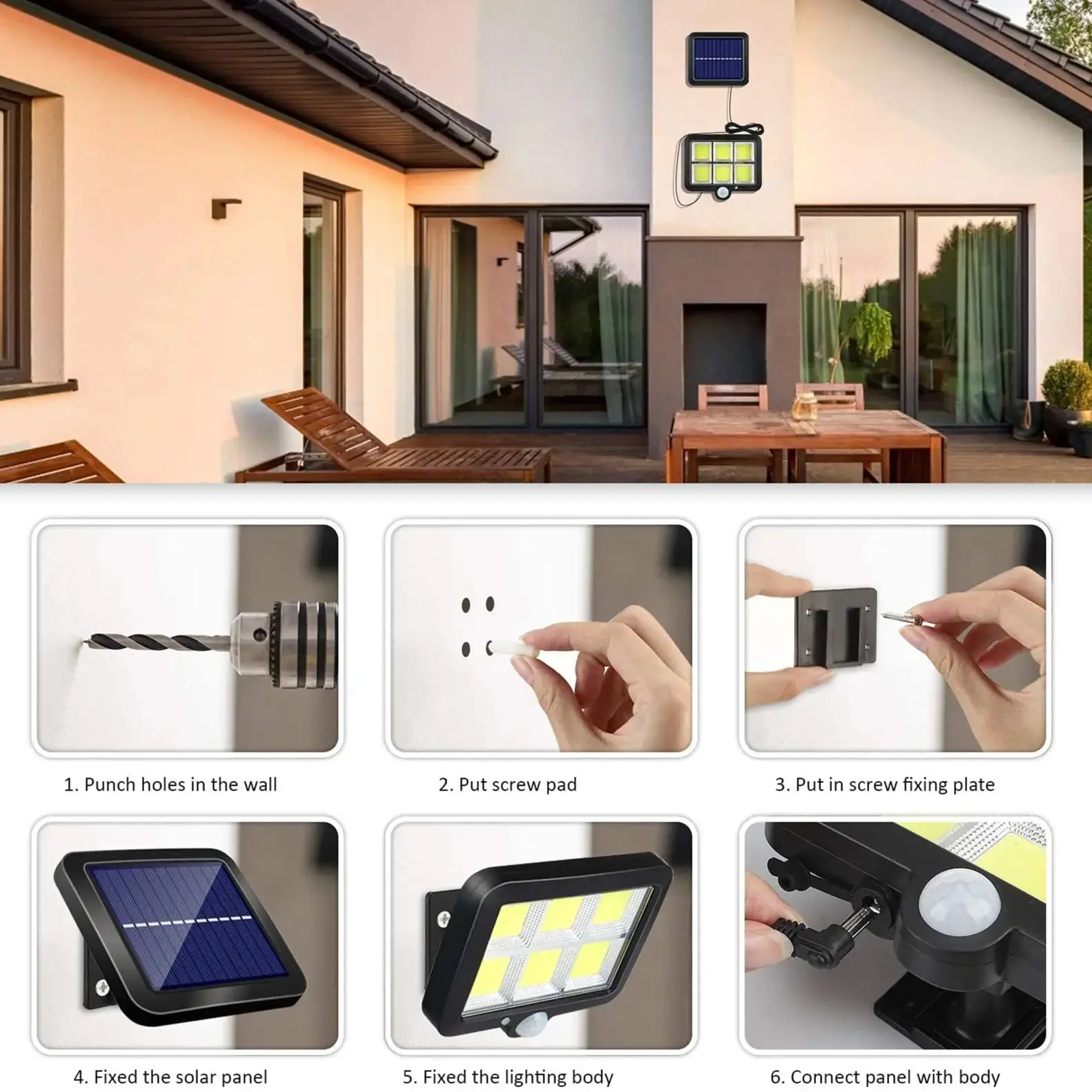 Imagem -02 - Led Solar Split Wall Light com Sensor de Movimento Pir Luz de Segurança ao ar Livre Impermeável Emergência Garagem de Rua 120 Cob Pcs