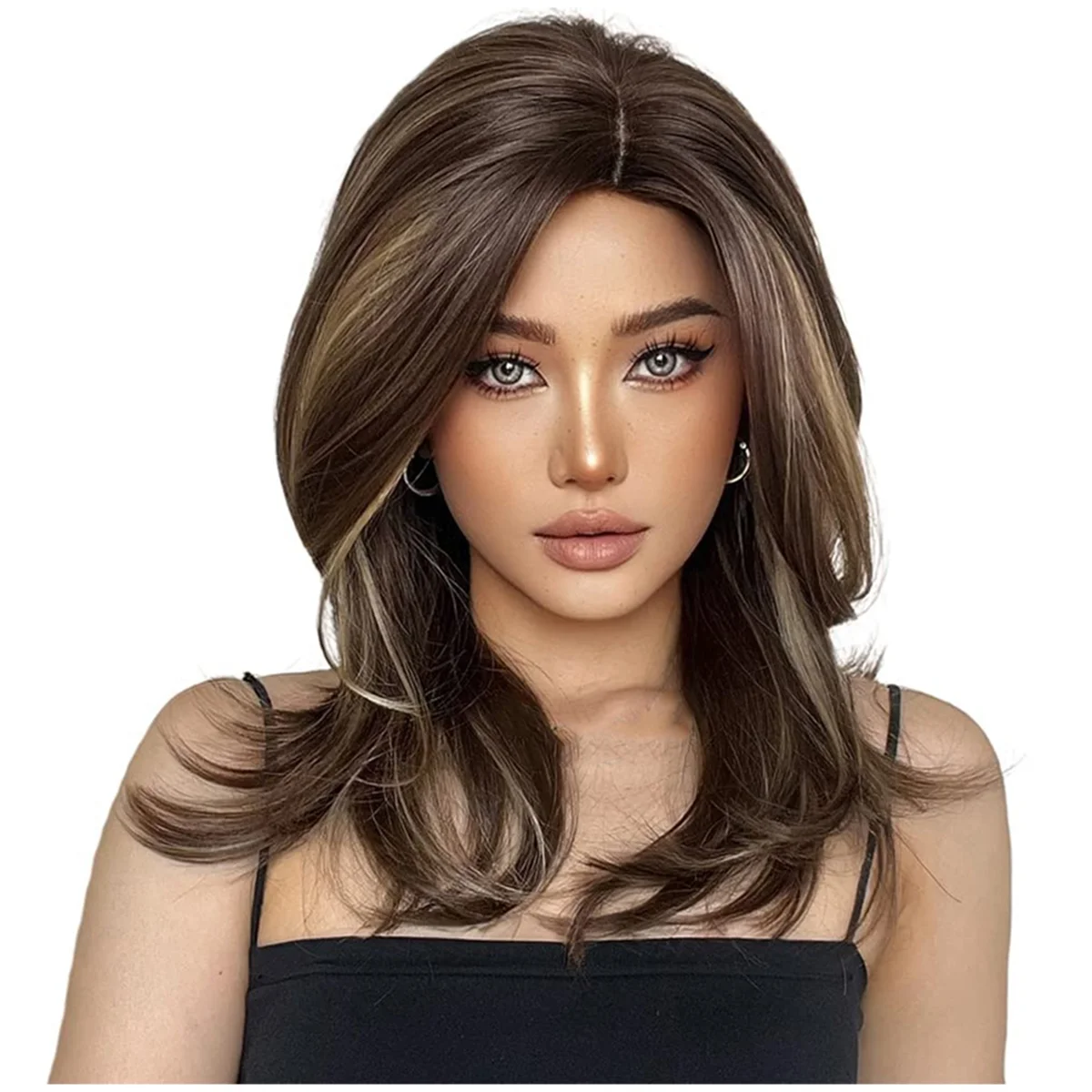 

Shoulder-Length Wigs for Women, Layered Synthetic Fibers Brown Mixed Blonde Wig, Comfortable Cap & Adjustable Size