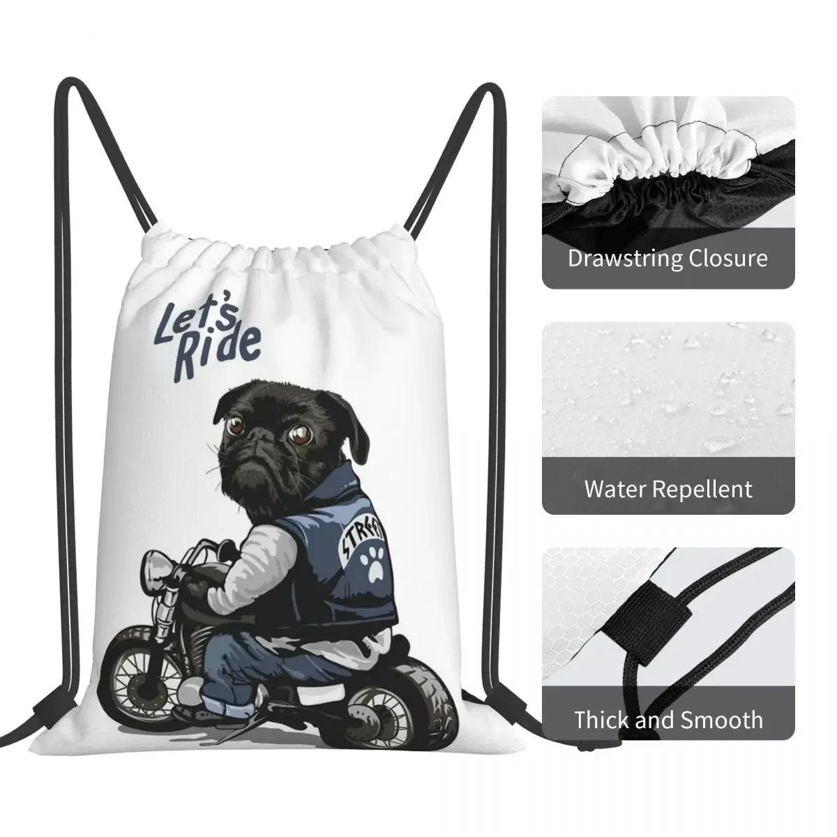 Let's Ride-mochila con cordón para motocicleta, bolsa deportiva con bolsillo, color negro, para perro Pug