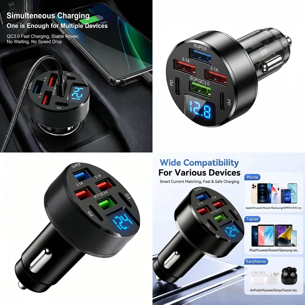 100W Six Port Car Charger with Digital Voltage Display QC3.0 PD Multi Port USB Fast Charger for iPhone iPad Samsung Huawei
