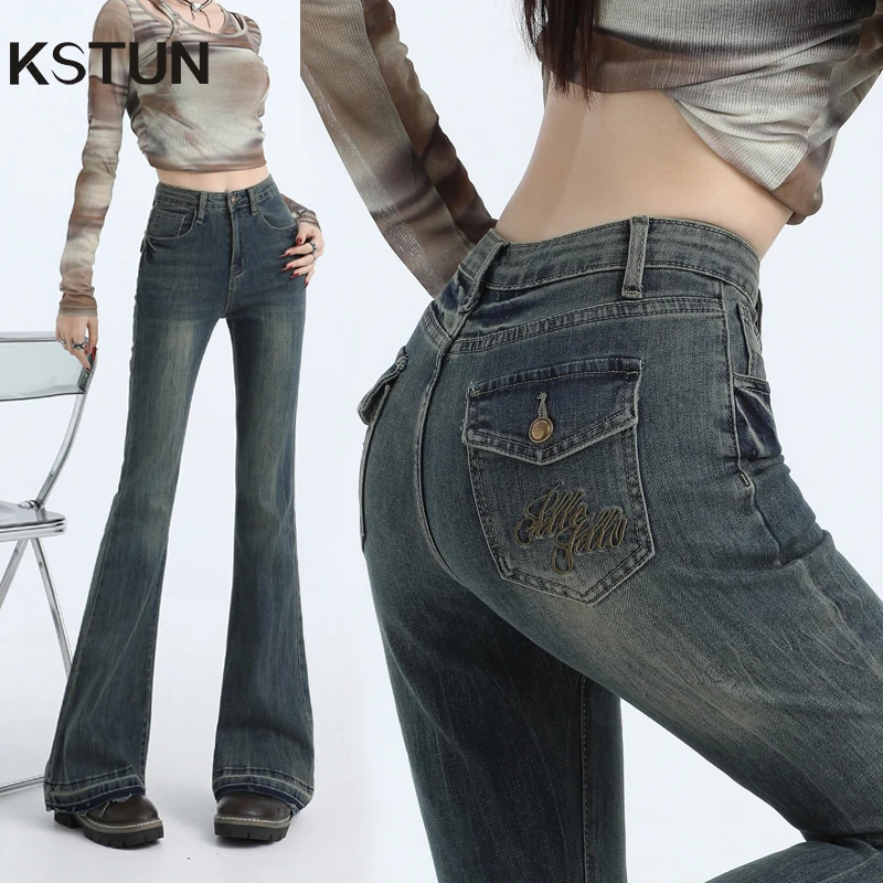 

KSTUN Women High Waist Flare Jeans Stretch Vintage Bell Bottom Pants Embroidered Pockets Designer Women's Trousers Quality Brand