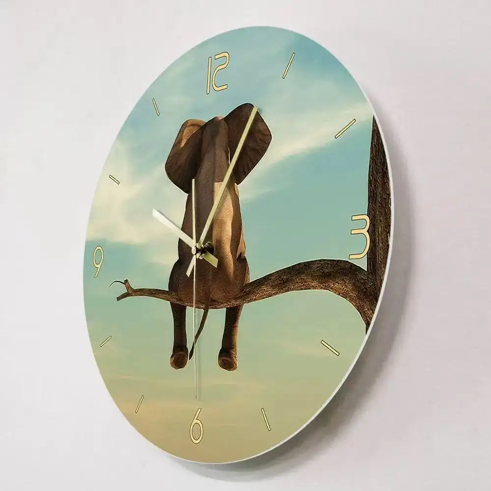 Creative Elephant Sitting on Tree Branch Wall Clock Blue Sky Silent Quartz Watch Living Room Bedroom Decor Elephant Lover Gift