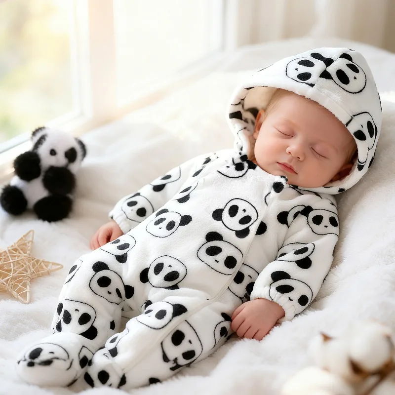 Newborn Infant Baby Cute All Over Panda Print Hooded Romper Plush Fleece Footed Jumpsuit with Zipper Warm Costume 0 24M