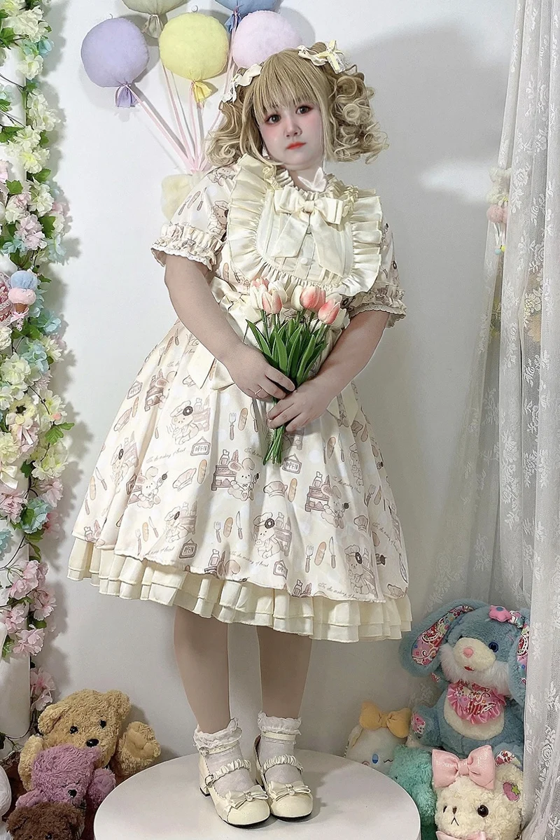 Robe Lolita OP Kawari Cosplay pour filles, style doux japonais, mignon, ours imprimé, col JxButter, manches bulles, robe à volants