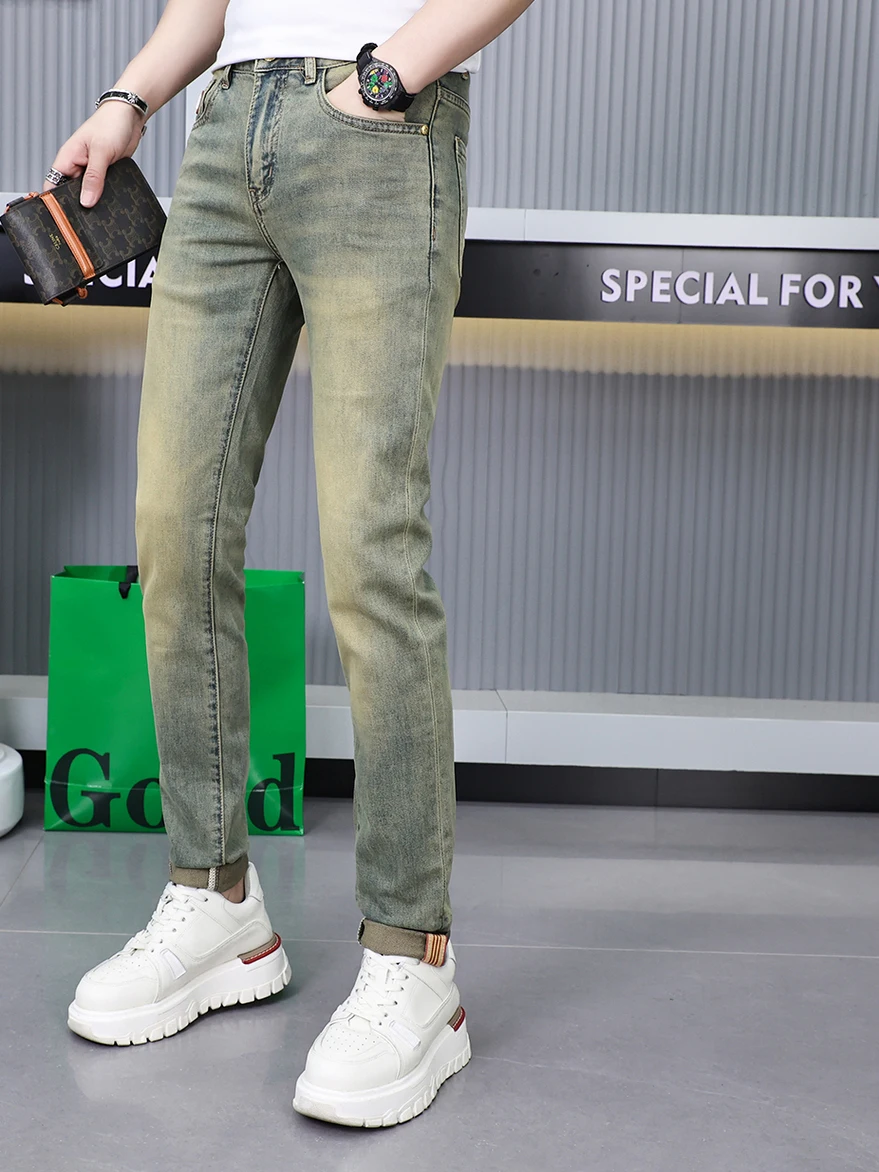 

Джинсы из потертого денима в стиле ретро, ​​мужские модные весенние новые стильные повседневные длинные брюки узкого кроя, хлопковые эластичные износостойкие брюки