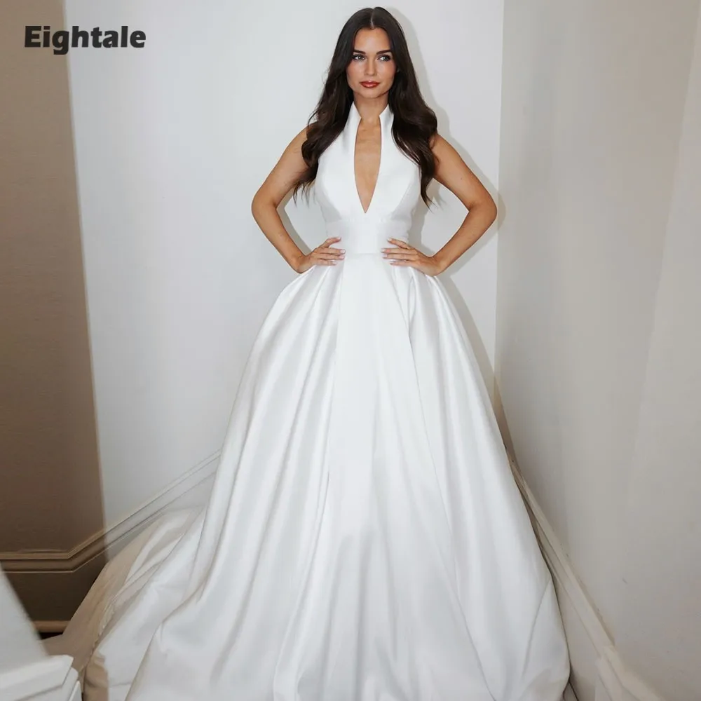 

Арабское свадебное платье Eightale, индивидуальный пошив, цвет слоновой кости, с V-образным вырезом, длиной в пол, из атласа, мусульманское, фасон А-силуэт, для невесты, для торжеств