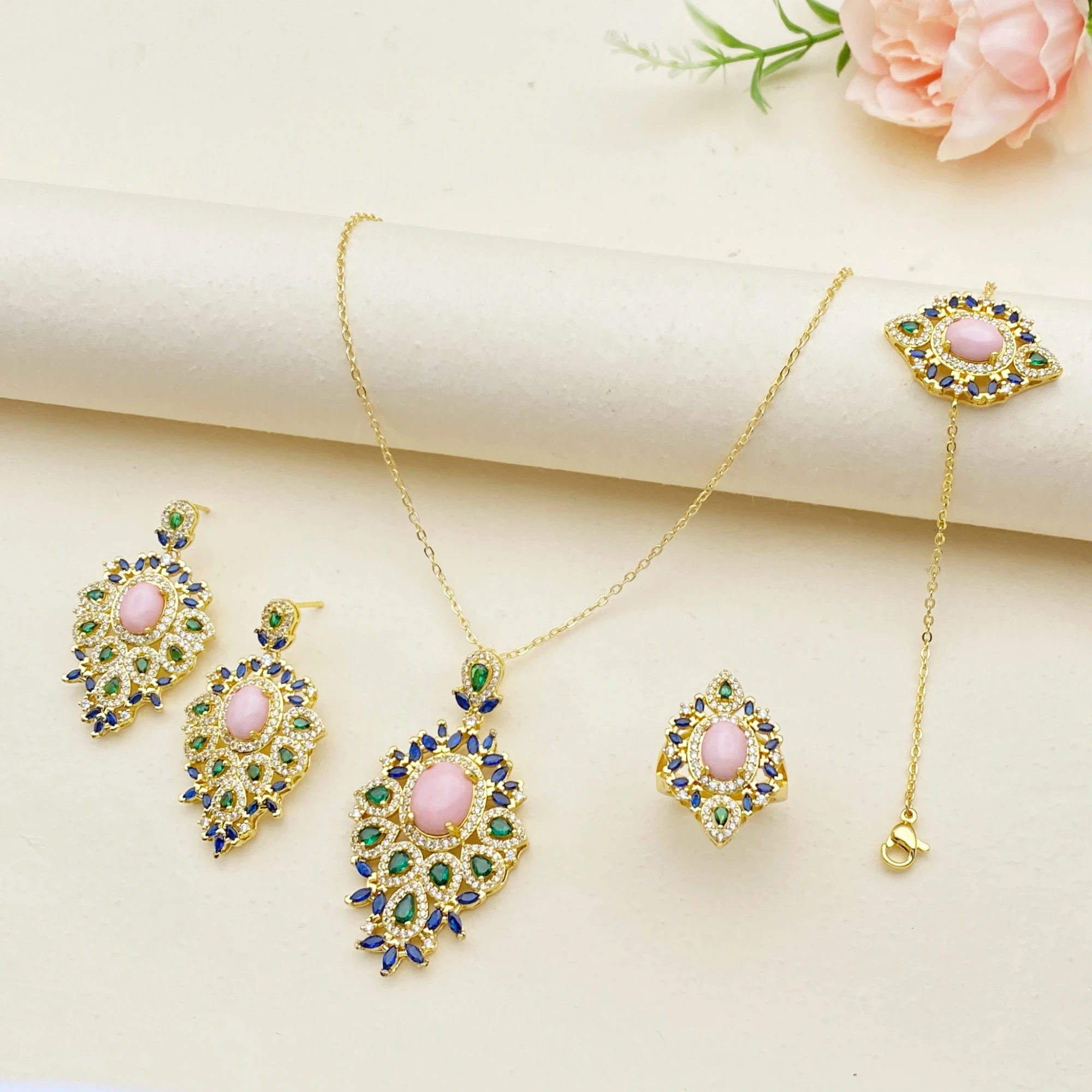 Flora Gold Plated Copper Women Jewelry Set Shiny Zircon Accessory with Necklace Earrings Ring Bracelet Exquisite Party Wear
