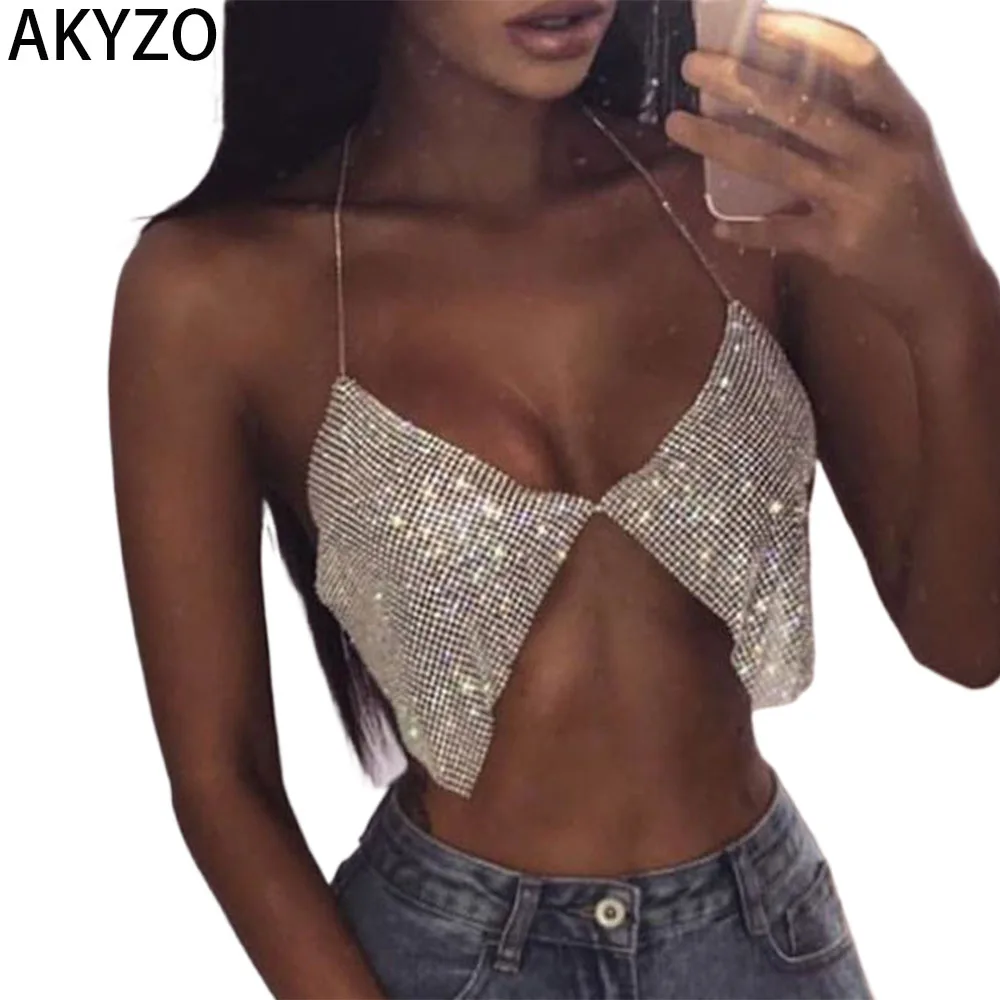 

AKYZO Women's Sexy Halter Crop Top Rhinestone Chainmail Deep V-Neck Backless Split Design Party Clubwear Vacation Style Sparklin