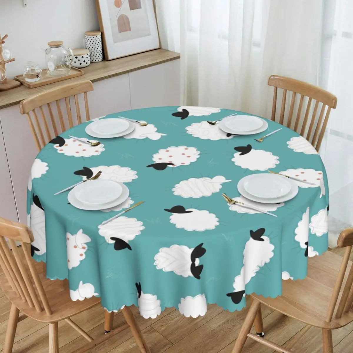 

Round Sheep Tablecloth Waterproof Oil-Proof Table Cover 60 inches Cartoon Table Cloth