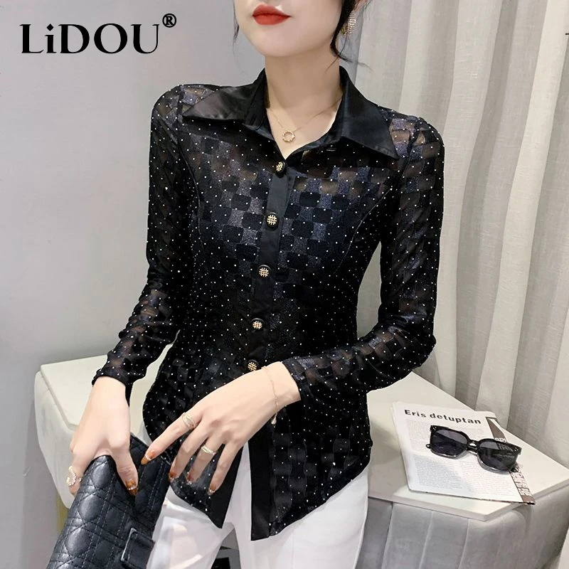 Spring Autumn Polo-neck Diamonds Mesh Patchwork Buttons Shirt Female Long Sleeve Elegant Fashion All-match Blouse Women\'s Top