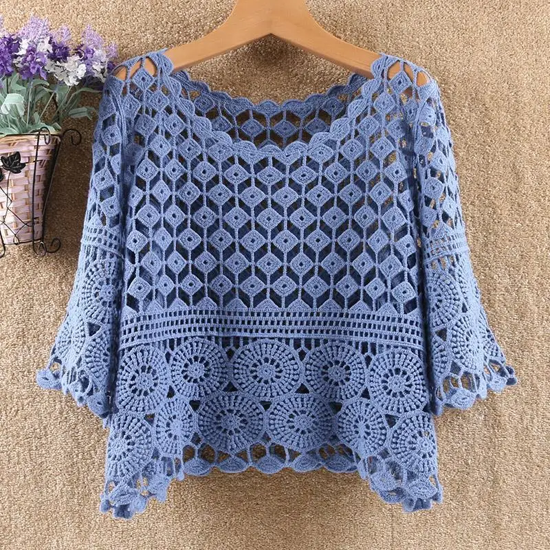 ฤดูร้อนผ้าฝ้ายโครเชต์ Openwork เสื้อสวมหัวผู้หญิงหลวมพอดีจับคู่ปกปิดเสื้อป้องกันแสงแดด
