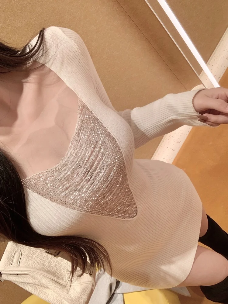 

White V-ne Sequin Patchwork Long Sve Women's Dr Slim Fit Design Sense Wrap around ort Skirt Commute Sle