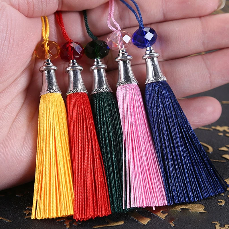 5/10Pcs Silky Tassel Charms With Crystal Beads Metal Cap Small Silk Tassels For Bookmark Jewelry Bag Keychain DIY Craft Decor