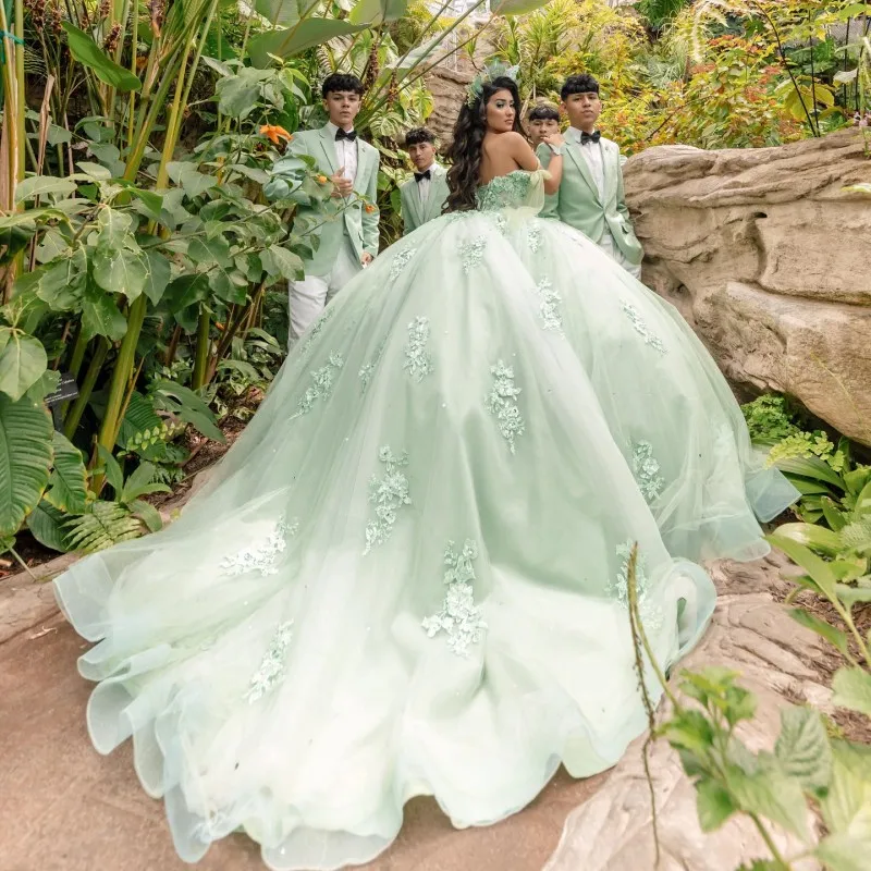 

Sage Green Sexy Sweetheart Quinceanera Dress Off Shoulder Appliqué Lace Tull Vestidos De 15 Anos Ball Gown