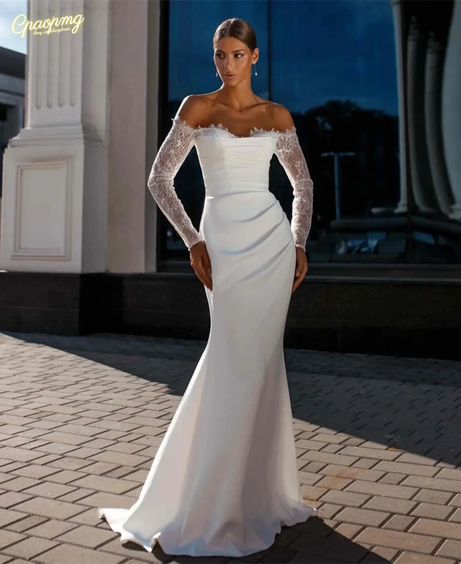 

Customized Lace Long Sleeve Sweetheart Mermaid evening Dress Pleat Open Back Off The Shoulder Bridal Gown Vestido De Novia