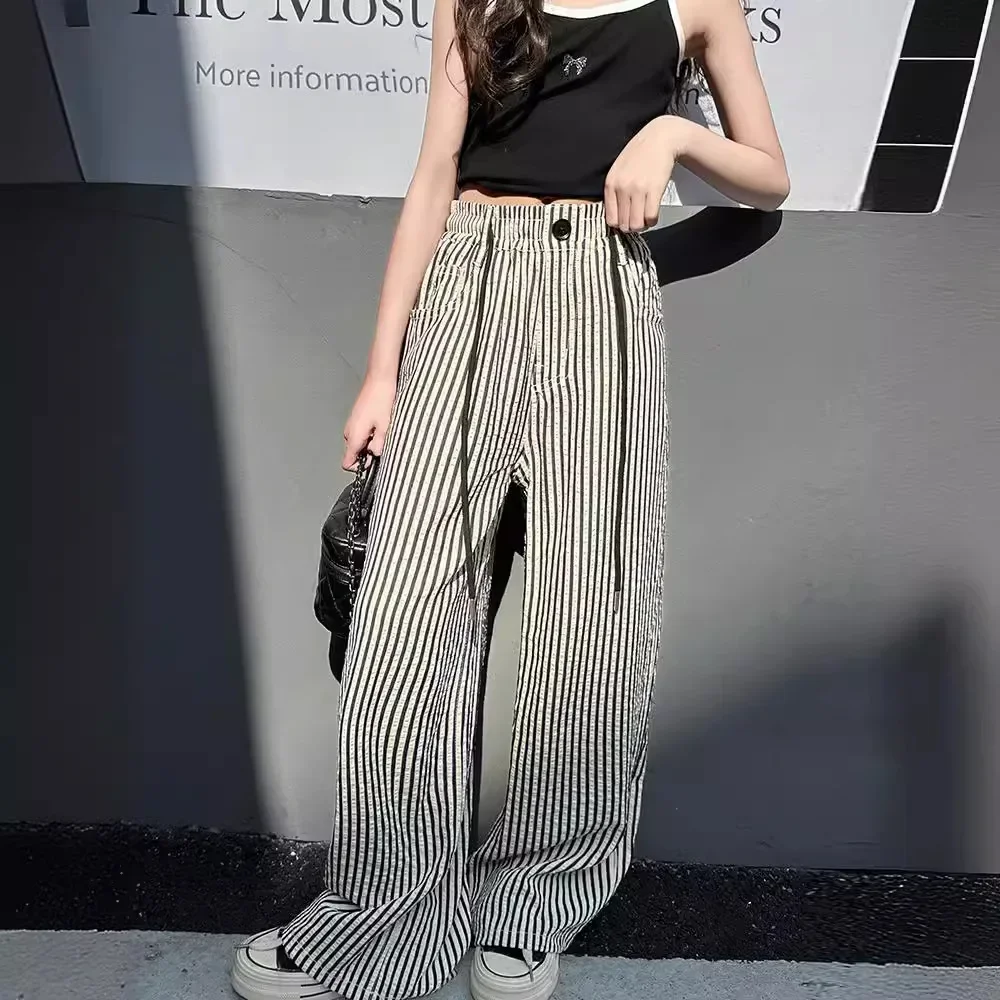 

New 2025 Girls Fashion Summer Thin Striped Wide Leg Pants Kids Loose Trousers Palazzo Pants Teen Spring Casual Clothing