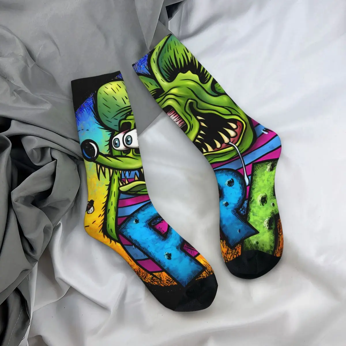 Funny Men\'s Socks Retro Retro Harajuku Tales of the Rat Fink Cartoon Film Hip Hop Seamless Crew Crazy Sock Gift Pattern Printed