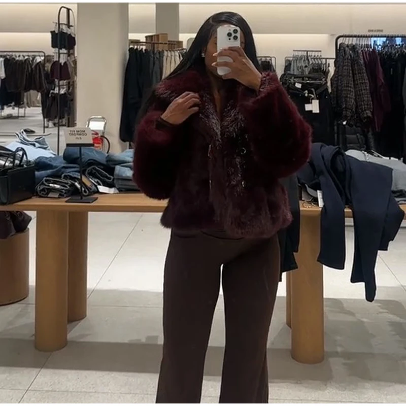 Elegant PU Fur Patchwork Jacket Women Loose Detachable Collar Lapel Double Breasted Jackets Female Fashion Winter Warm Outwear