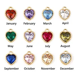 Copper Birthstone Charms Heart Gold Color Multicolour Cubic Zirconia For DIY Making Necklace Earring Jewelry 8mm x 6mm, 2 PCs