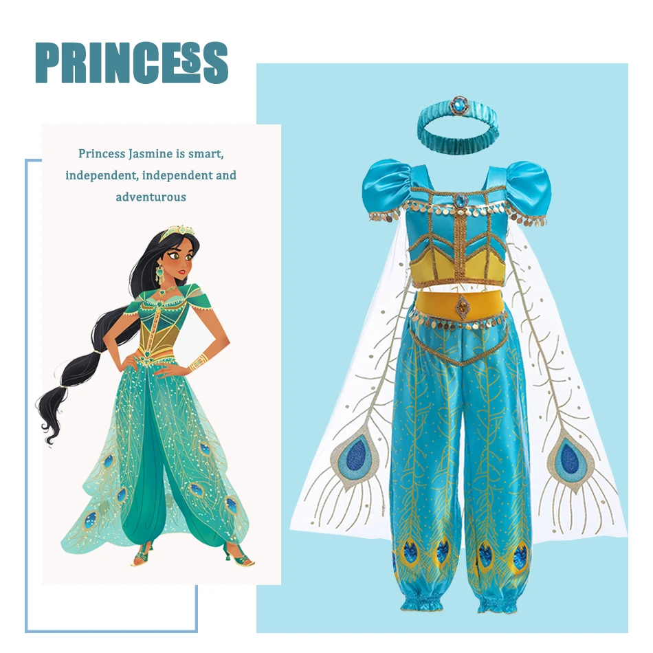 Princess Jasmine Dress For Girl Aladdin Classic Puff Sleeve Cosplay Clothes Kids Two-piece Female Halloween Hot Costumes