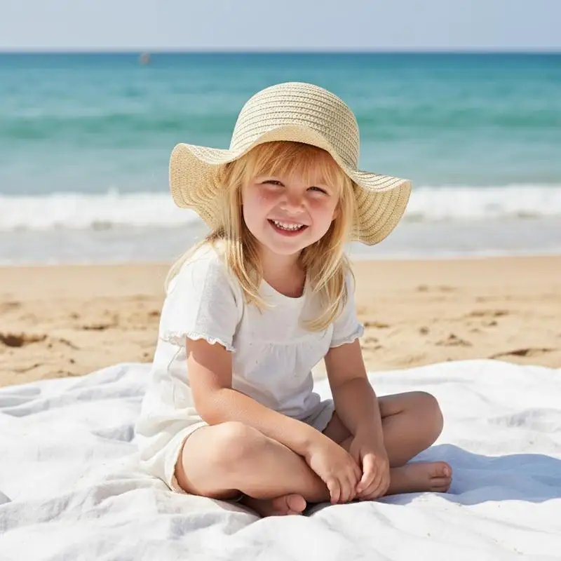 Summer Children Straw Hat Wavy Edge Wide Brim Sun Cap Matching Woven Bag Travel Beach Outdoor Holiday Cute Kids Accessories