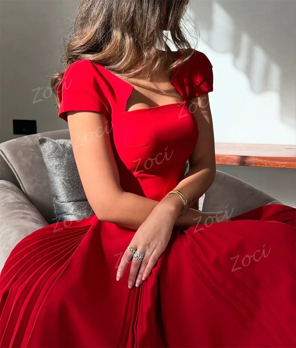 Sukienki na studniówkę z krótkim rękawem Zoci, szyte na miarę, z dekoltem w serduszko, elastyczna satyna, sukienka na formalne przyjęcie, czerwona, damska, formalna suknia ślubna, zaręczynowa.