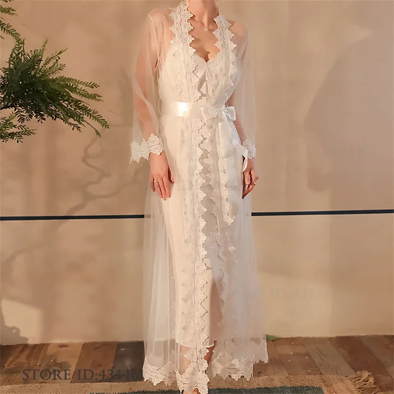 Bride Wedding Long Robe Negligee Sexy Perspective Mesh Sleepwear Twinset Robe Set Nightgown Elegant Silk Satin Homewear Lingerie