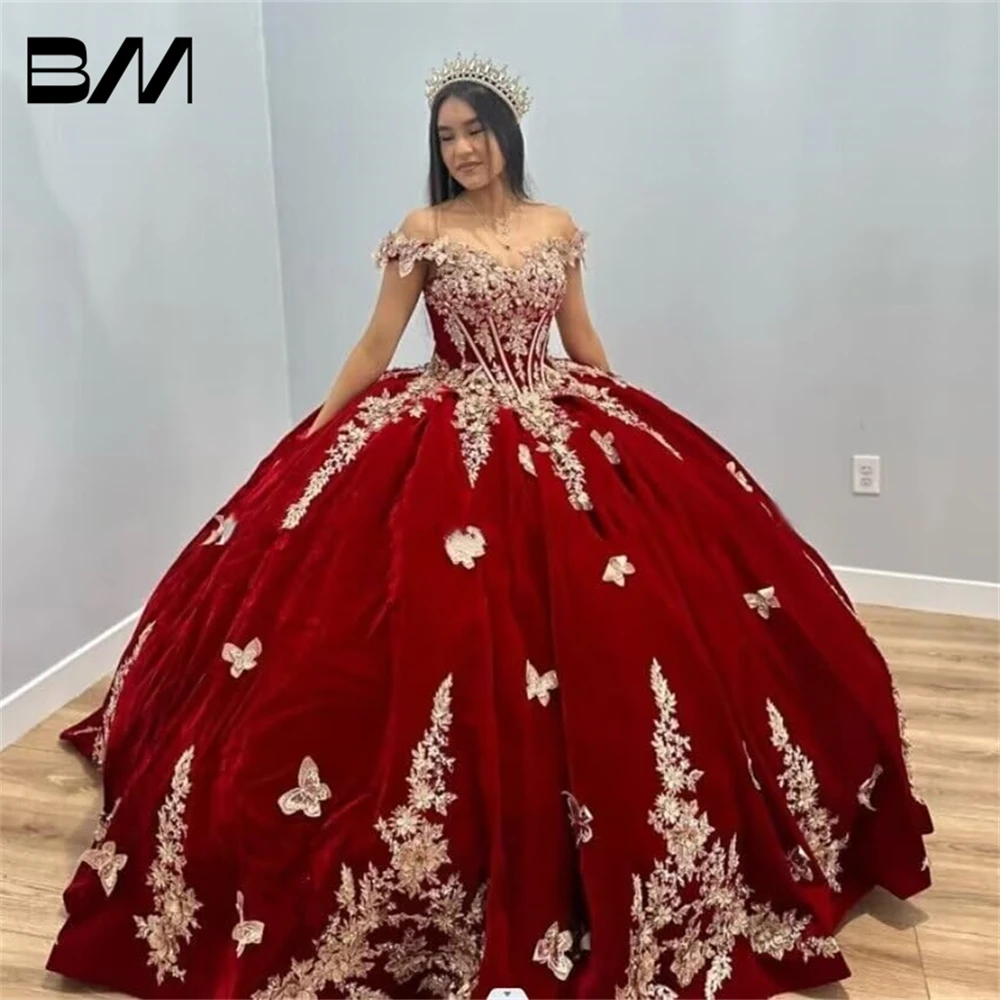 Sweet 15 Dresses For Women Red Ball Gown With Gold Lace Appliques Off The Shoulder Corset Quinceanera Dress 2024 Ball Gown