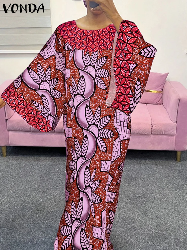 Plus Size 5XL VONDA Bohemian Maxi Dress 2024 Elegant Flare Sleeve Printed Vestido Vintage Party Sundress Casual Round Neck Robe