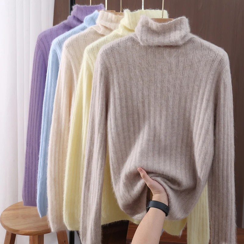 

Autumn Winter Women's 100% Pure Mink Cashmere Sweater with Turtleneck and Slouchy Neck Casual Loose Soft Base Layer Sweater Knit