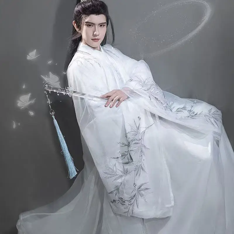 

Оригинальный белый Hanfu мужской традиционный китайский длинный халат с вышивкой и крестообразным воротником, праздничный костюм феи для боевого косплея Han