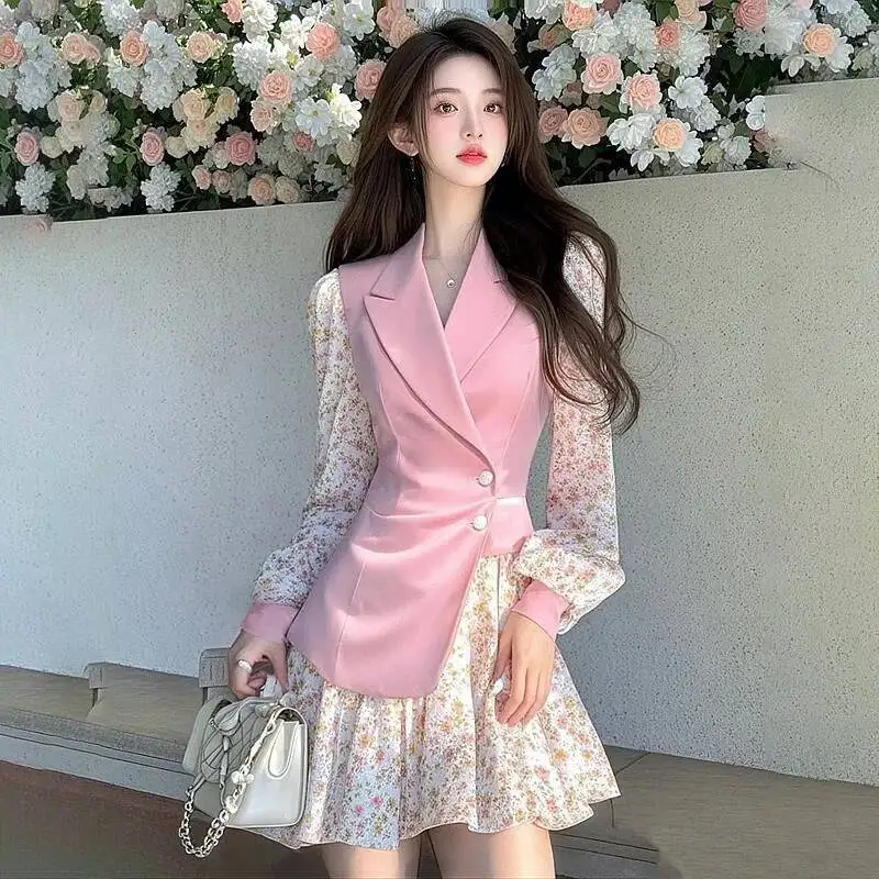 

Spring Autumn Pink Dress 2025 New Suit Collar Women's Clothes TOP Blouse Fashion Patchwork Floral Dresses Female A Word Skirt