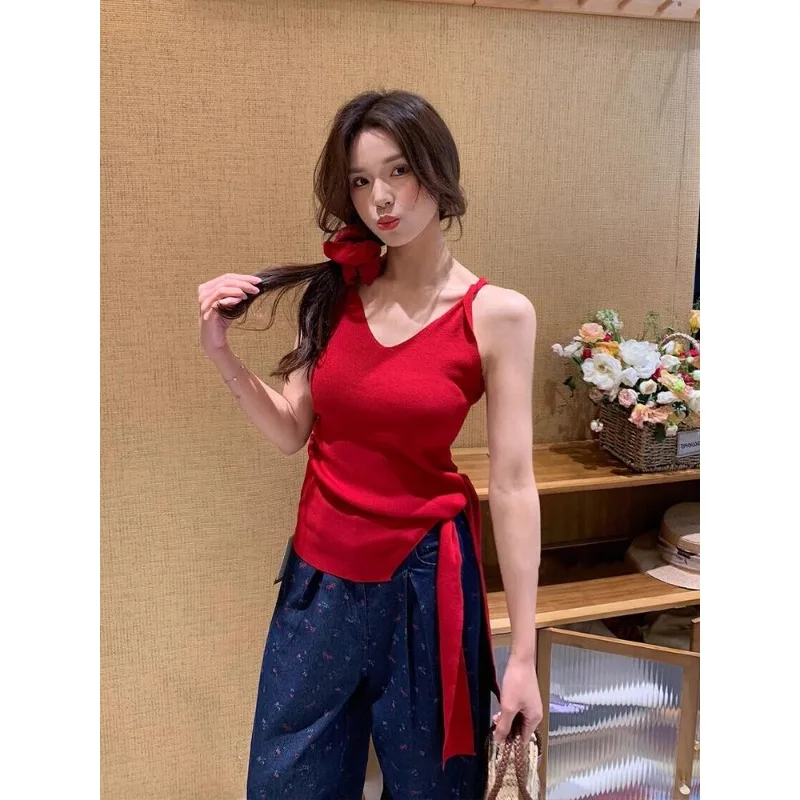 

Women Clothing French V-neck Irregular Strap Tanks Tops Summer Sleeveless Camisole Thin T-shirt