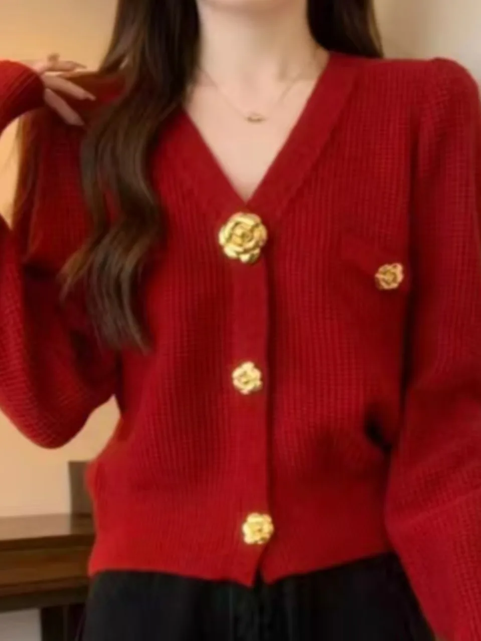 

Модный красный вязаный кардиган с V-образным вырезом и длинными рукавами для женщин, весна-осень, повседневный, прямого кроя, на пуговицах
