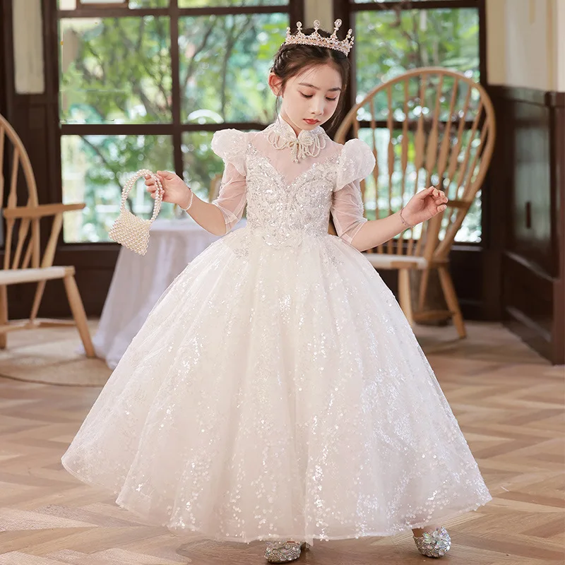 

Children White Princess Dress Elegant Stand Collar Half Sleeve Sequins Tulles Wedding Flower Girls Dress Long Kids Ball Gown