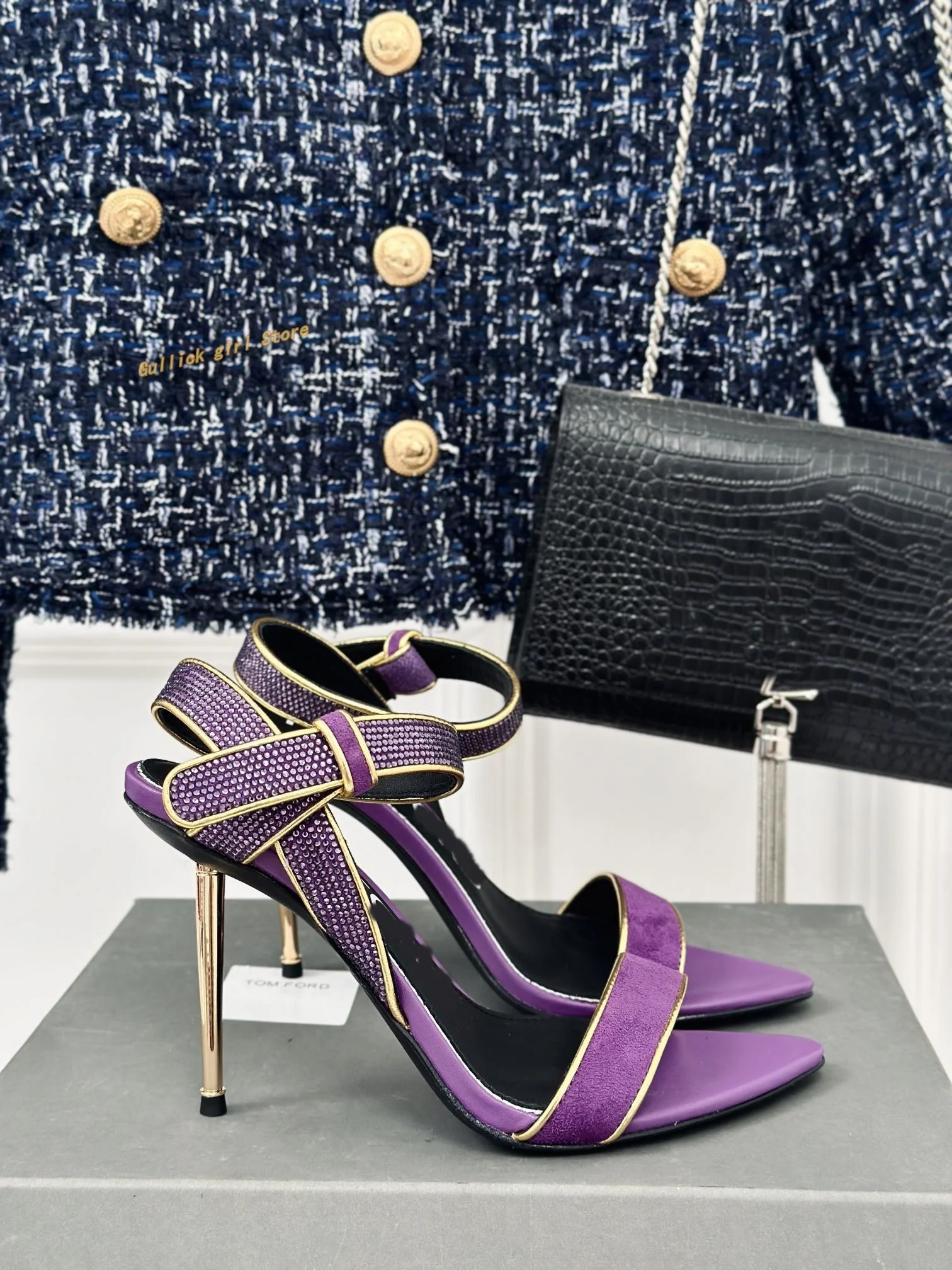 Metal Thin High Heel 2024 Summer Sandals Sexy Pointed Toe Crystal Strap Purple Black Suede Women Fashion Dress Sandals Heel