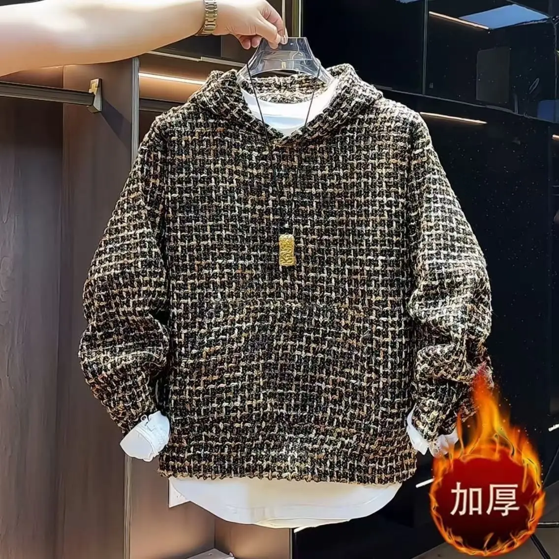 

Autumn and Winter Trend New Printed Fleece Thickened Hoodie Men's Loose Casual Warm Large Size Hoodies Cardigan Lattice Sweater