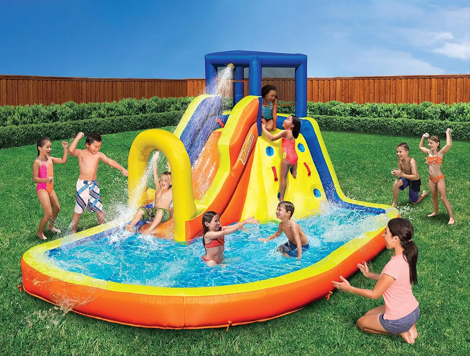 Inflatable 13' Water Slide Park Plus 12' Bounce House 2 for 1 Value Pack w Free Air Blower- Inflates in Under 2min- Heavy