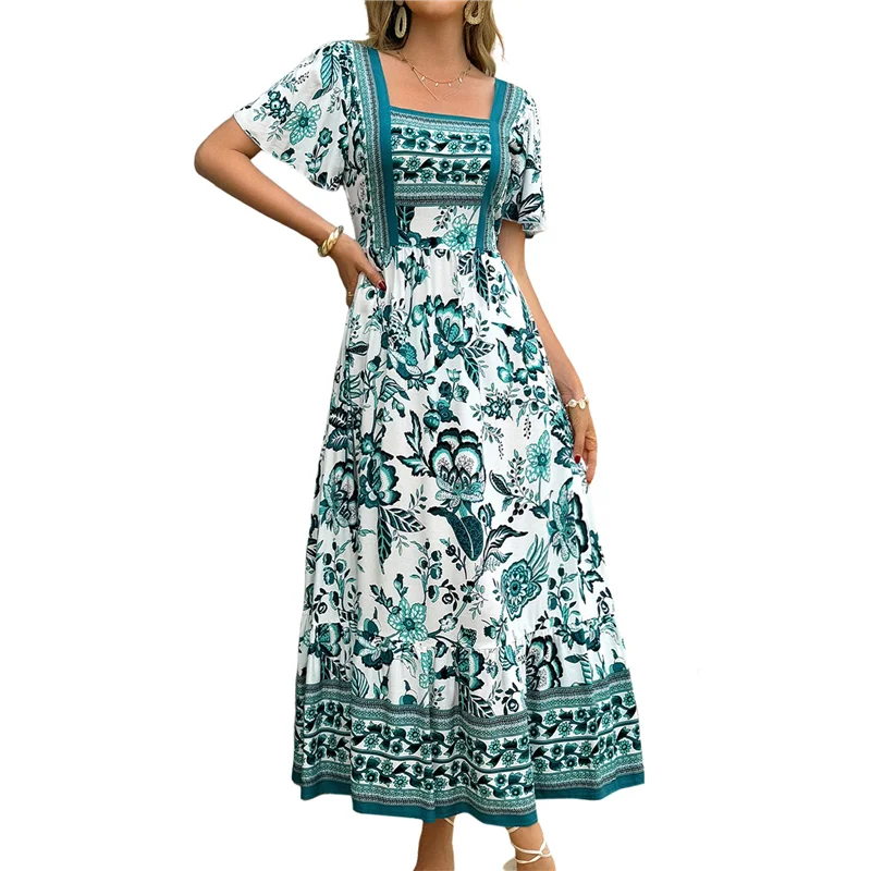 A83F-Mulher 2025 verão manga curta boho estampa floral em camadas casual flowy longo maxi vestido